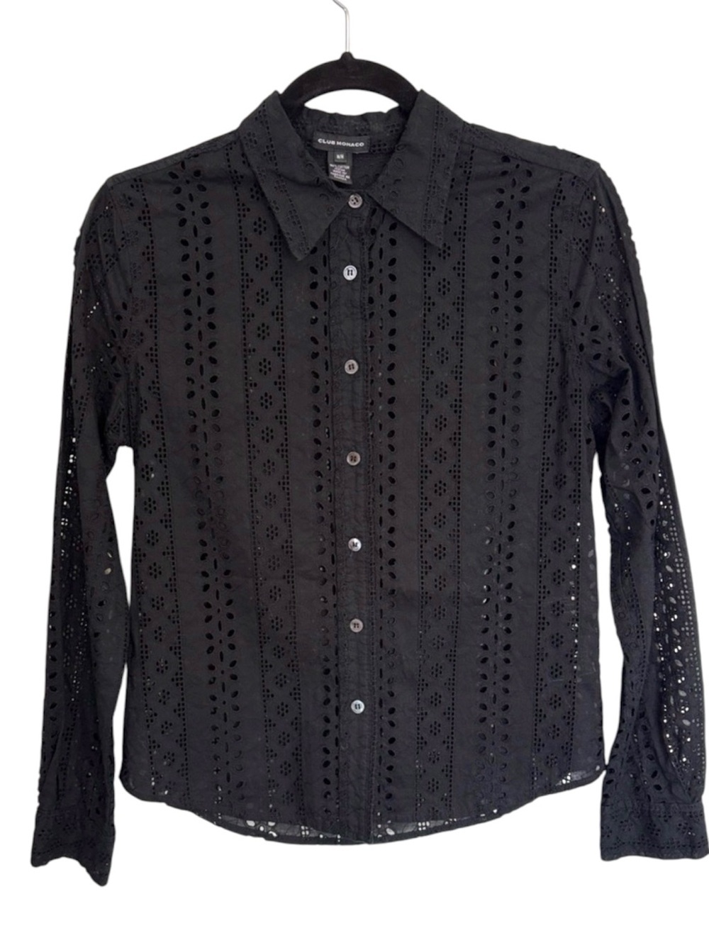 Club Monaco Black Cotton Eyelet Long Sleeve Shirt Size M